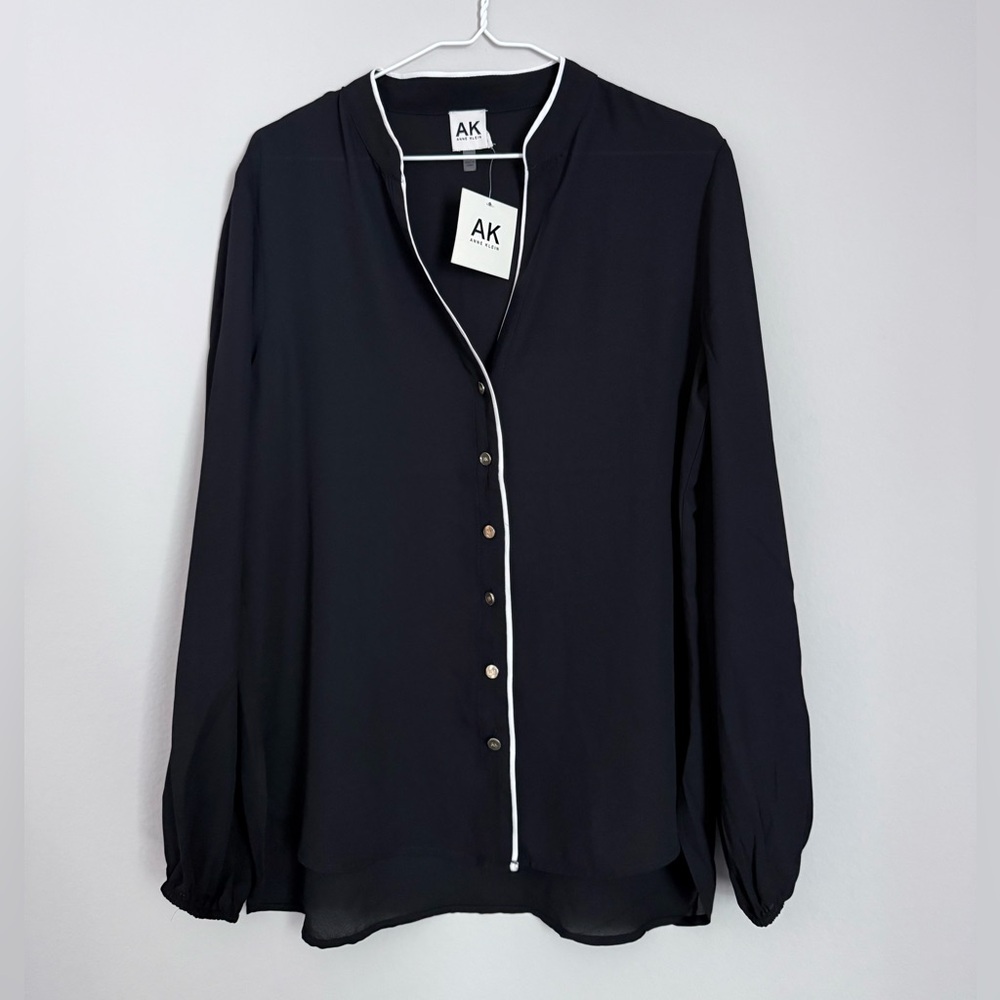 Anne Klein V-Neck Button Down Long Sleeve Chiffon Blouse with White Trim